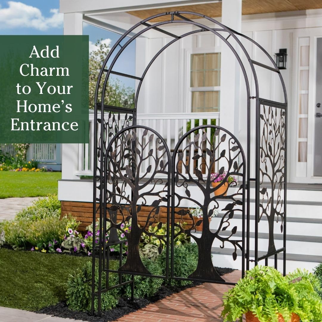 Evergreen arch installed among vines demonstrating sturdy 7-inch ground stakes stability.