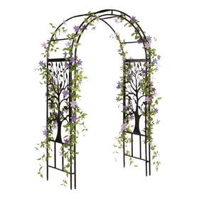 Evergreen Plow and Hearth metal garden arch provides sturdy support for climbing roses along a garden path.