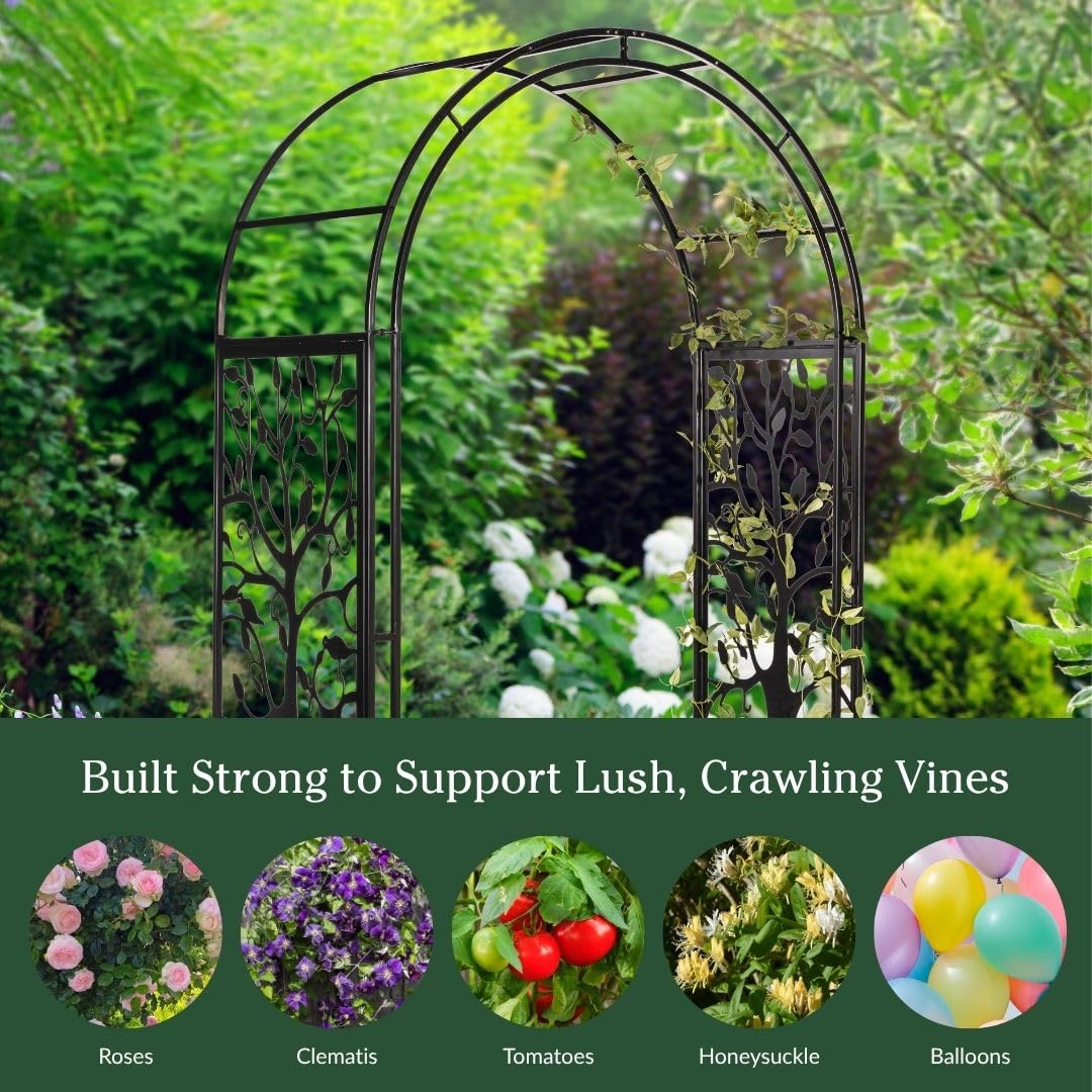 Evergreen powder-coat finish arch blends with outdoor décor and resists weather.