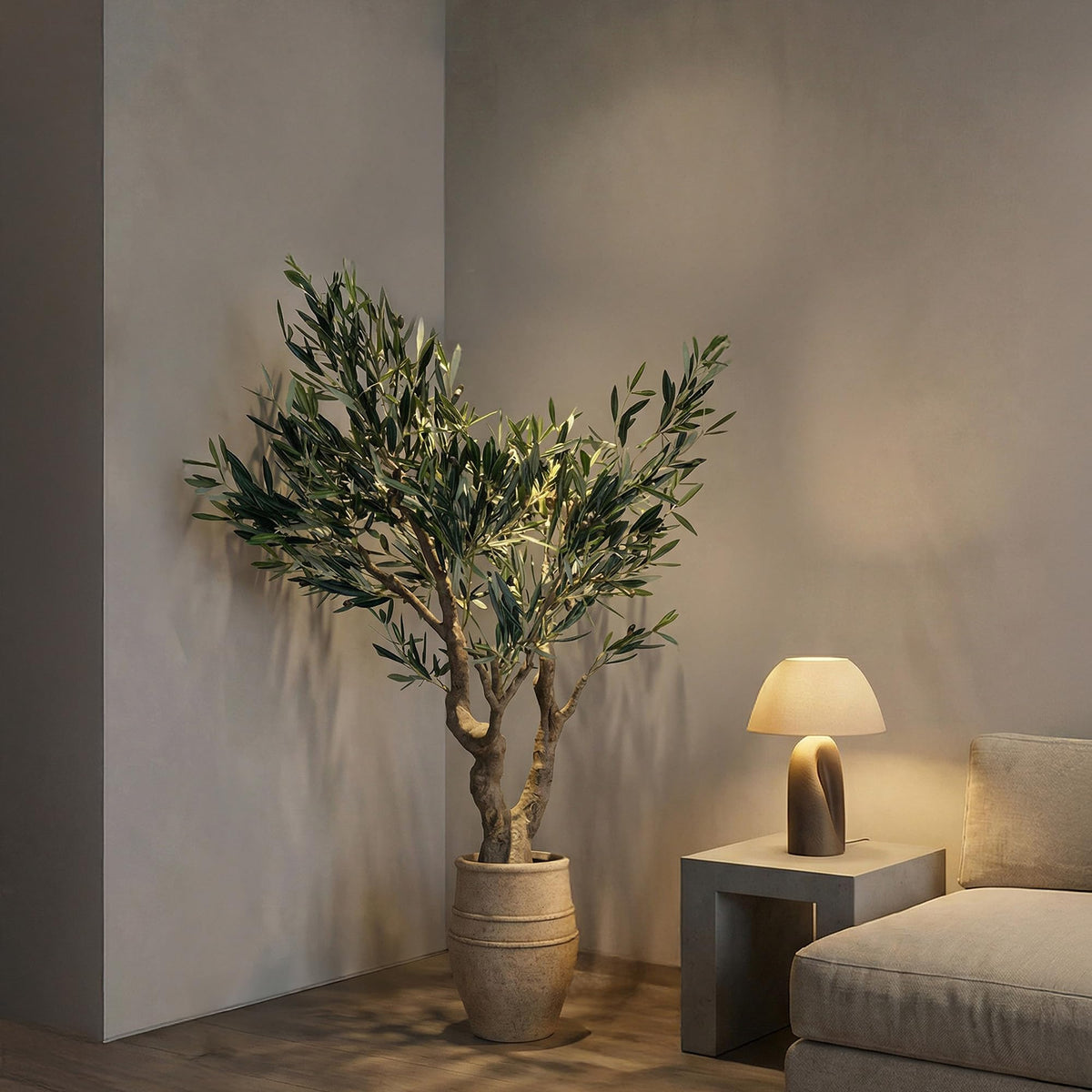 Everleaf Aria Planter in Dune with Mediterranean Olive Tree concept