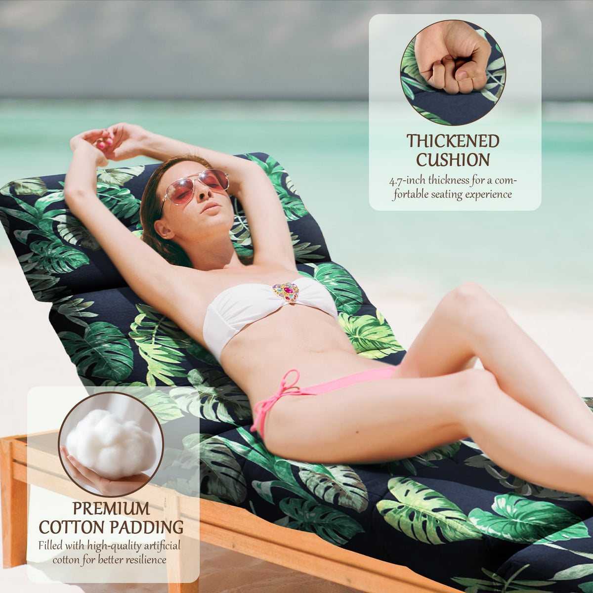 EverPine cushion uses water-repellent Oxford fabric to resist light moisture by the pool.