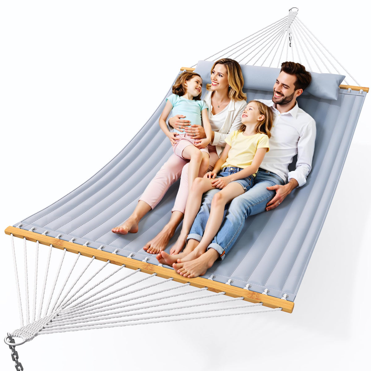 Everyfun double hammock with spreader bars ready for quick setup between trees