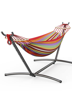 EveryFun double hammock with steel stand ready for quick, tool-free setup