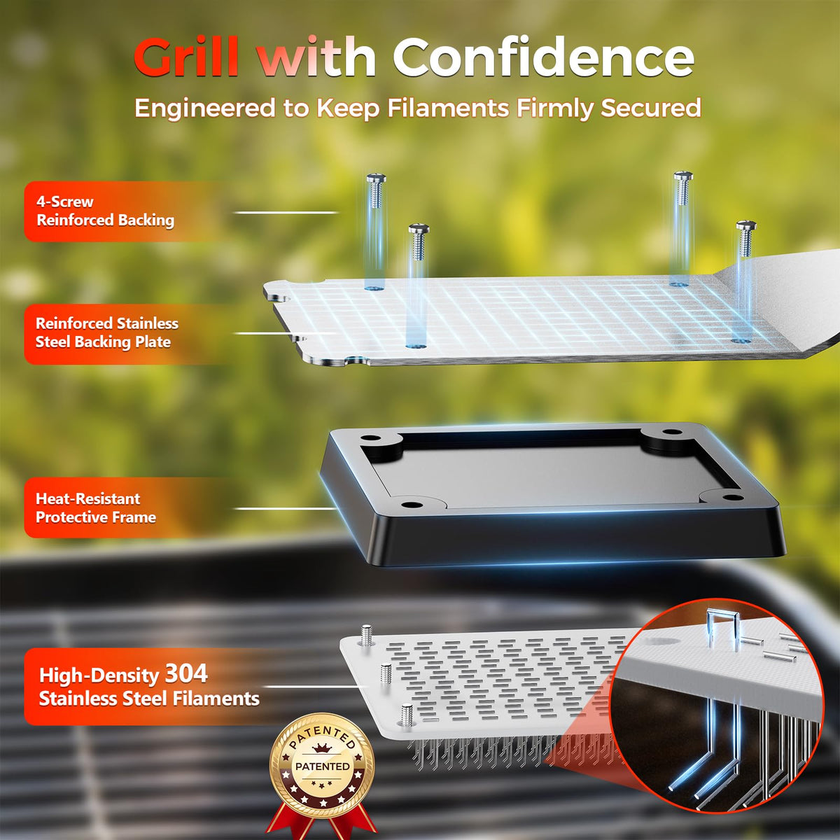 EG evgoer 45 degree filament brush reaches deep between grates for thorough cleaning.