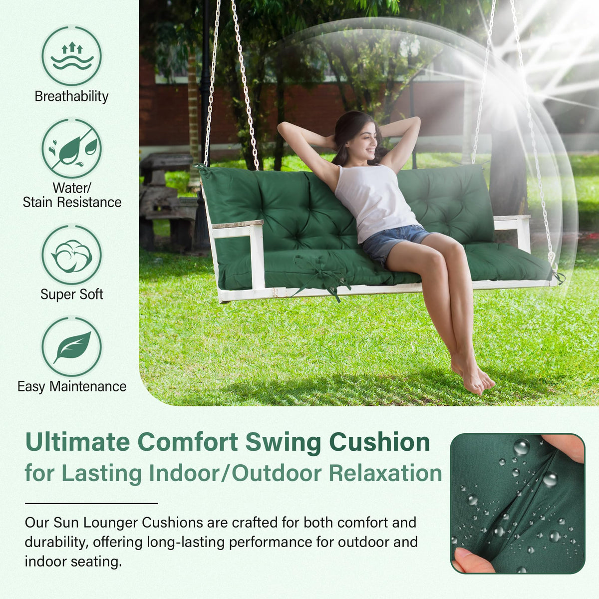 EVJUICION porch swing cushion backrest straps provide secure attachment.