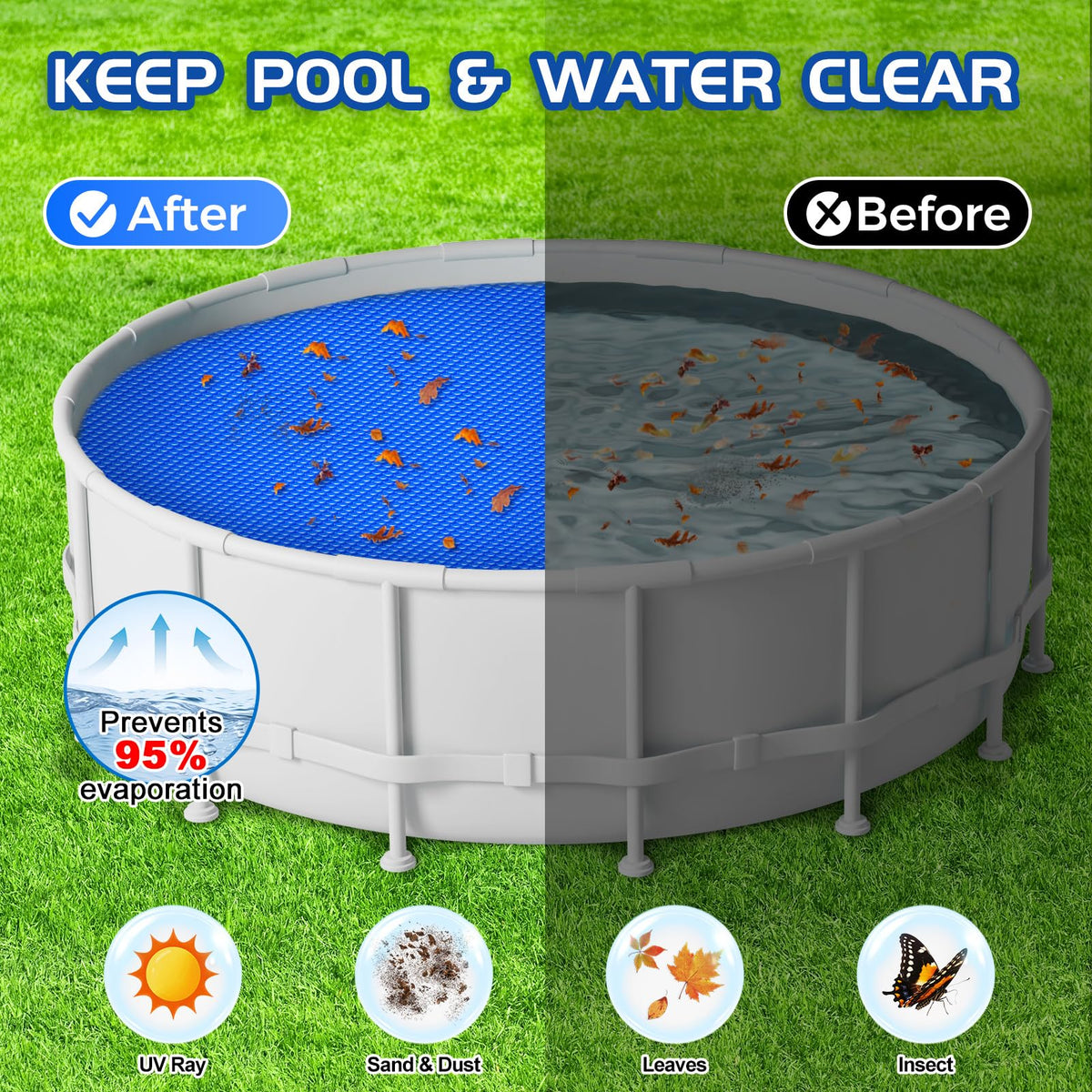 Evoio 15mil heavy-duty pool cover resists sun and tearing for long use.