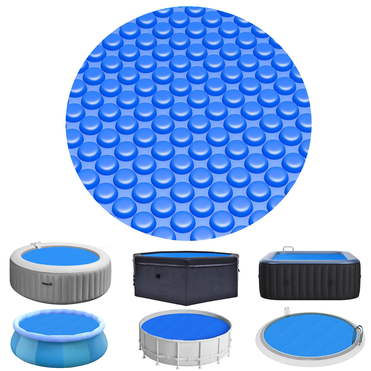 Evoio solar pool cover 6ft round floats on water, capturing heat for faster warming.
