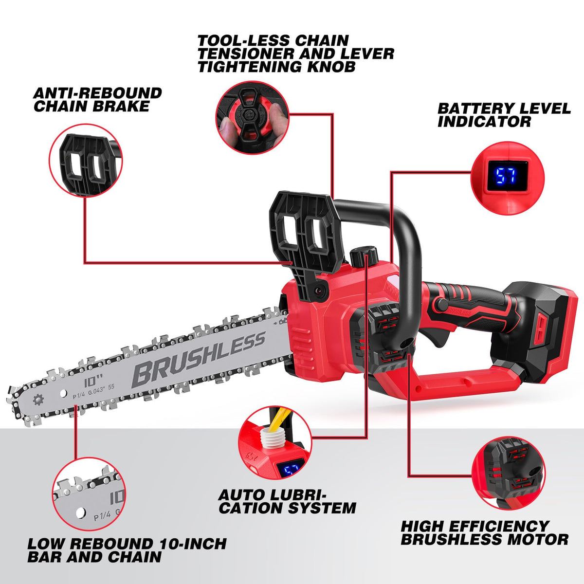 EVOIRON self-oiling system with see-through tank keeps chain lubrication visible.