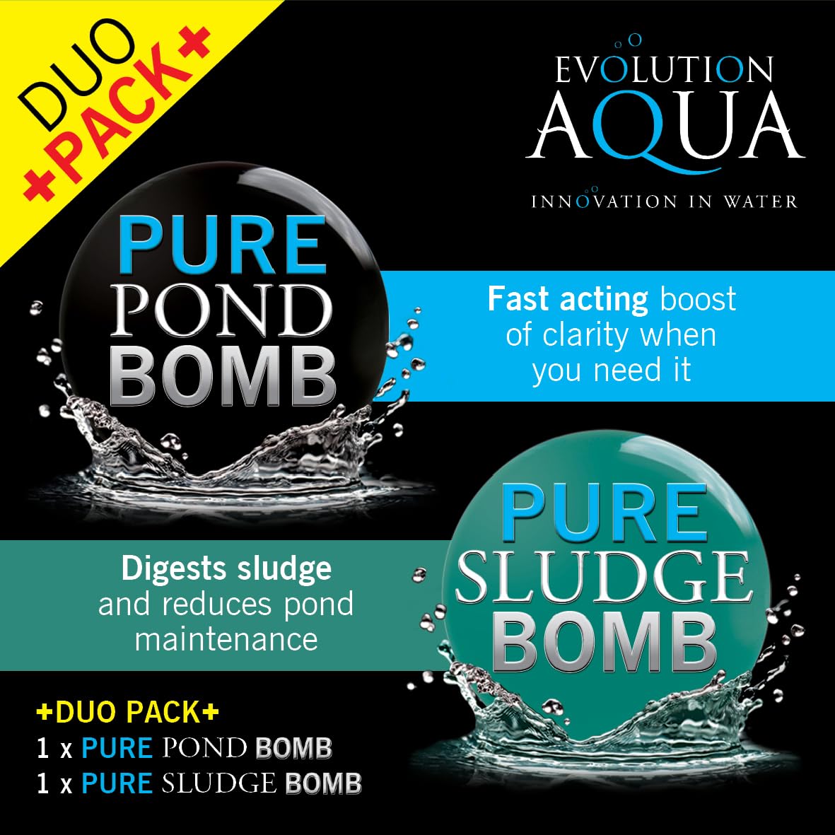Evolution Aqua Pure duo pack on display showing two complementary pond treatments.