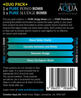 Evolution Aqua Pure Pond Bomb label highlights easy dosing for ponds.
