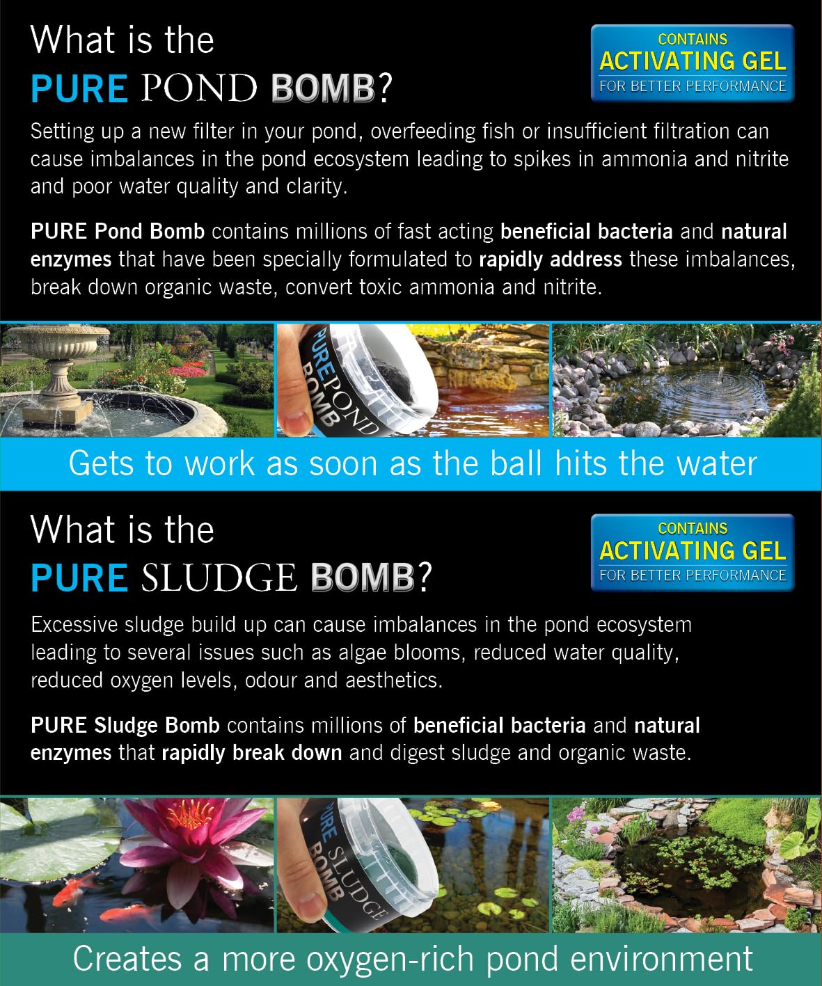 Evolution Aqua Pure Pond Bomb packaging close-up emphasizing all-in-one pond treatment.