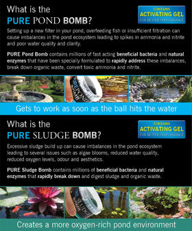 Evolution Aqua Pure Pond Bomb packaging close-up emphasizing all-in-one pond treatment.