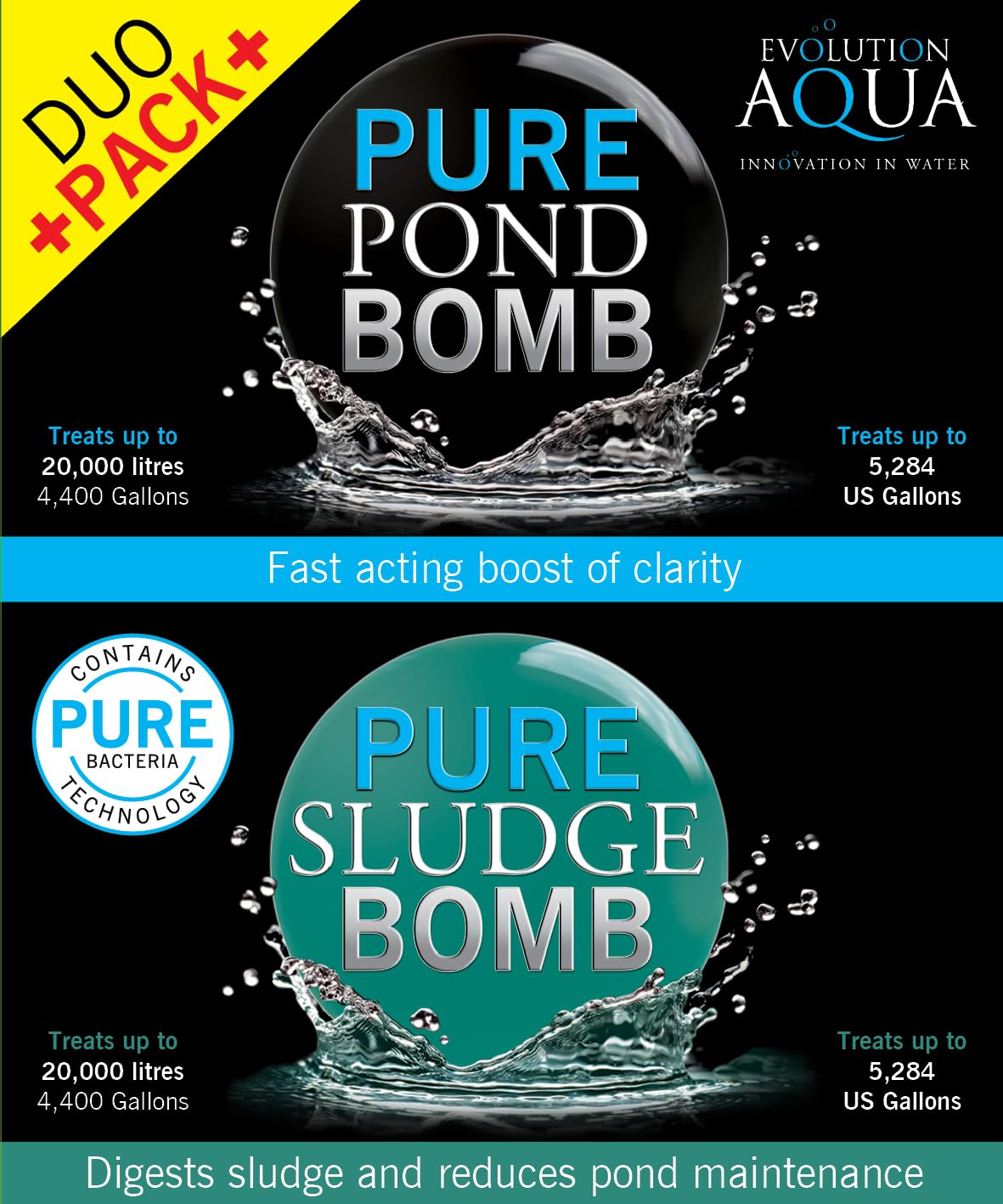 Evolution Aqua Pure Sludge Bomb packaging close-up showing its advanced bacterial blend.