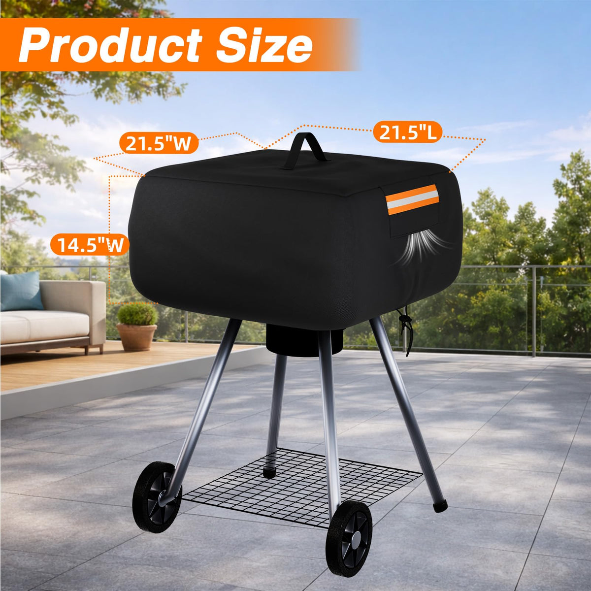 EVRBUL grill cover showing windproof bottom drawstring securing in wind