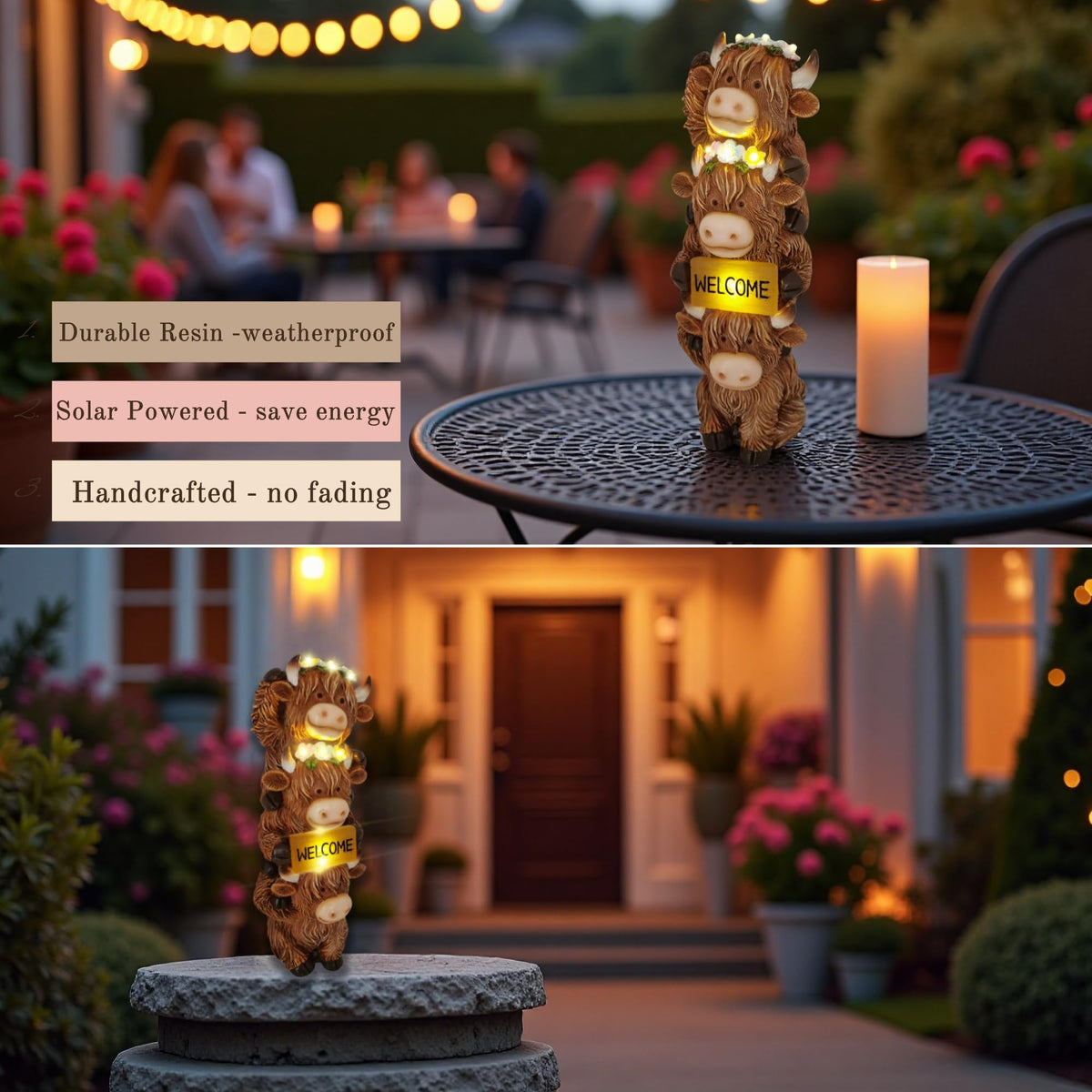 Evursua Highland Cow resin outdoor statue withstands weather for year-round use.