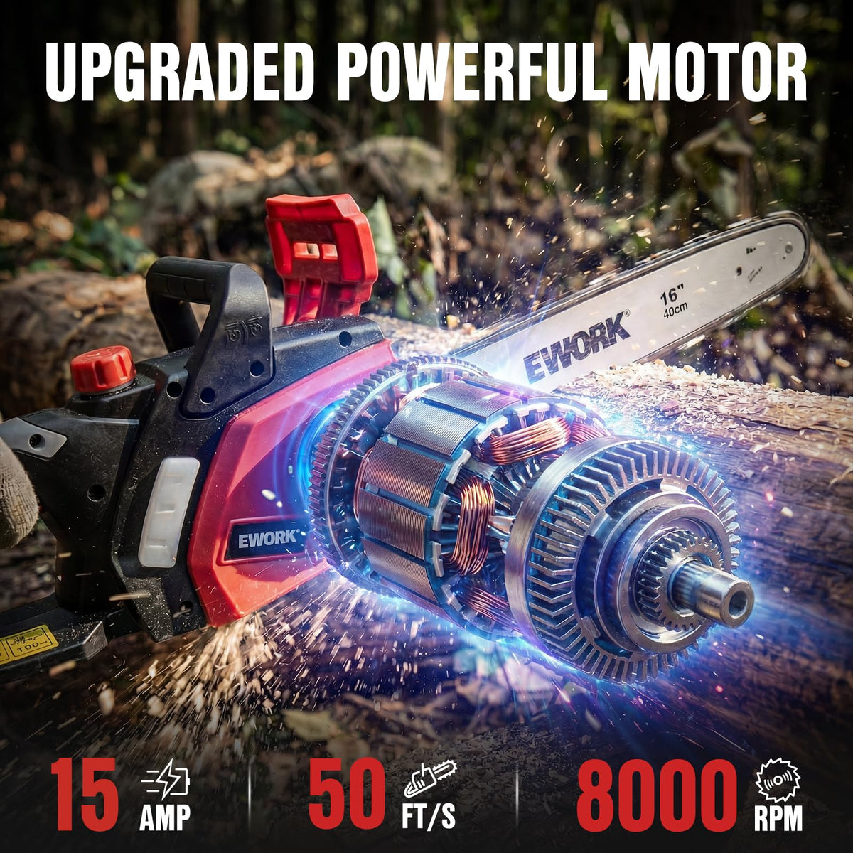 EWORK 16-inch corded chainsaw slicing thick logs with precision