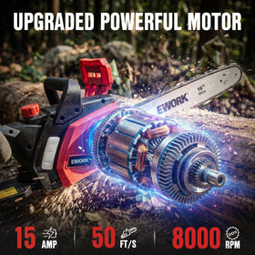 EWORK 16-inch corded chainsaw slicing thick logs with precision