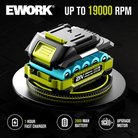 EWORK bundle shows batteries and UL‑certified fast charger ready to use