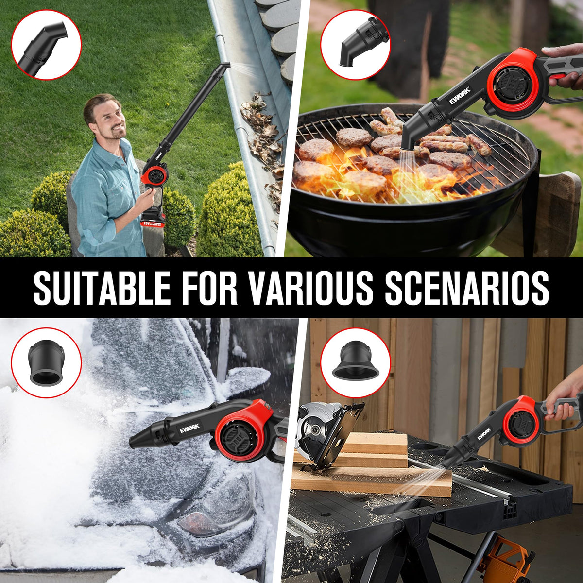 EWORK nozzles and attachments expand cleanup versatility across surfaces.