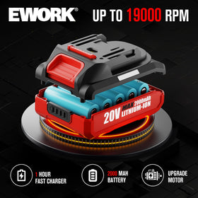EWORK two 2.0Ah batteries extend runtime for longer tasks.