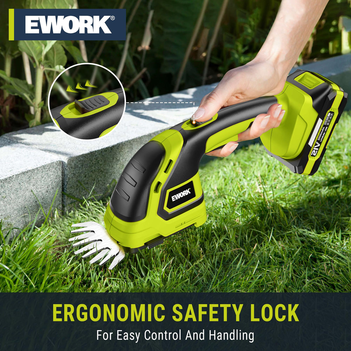 EWORK hedge trimmer with metal gears and overload protection for durability