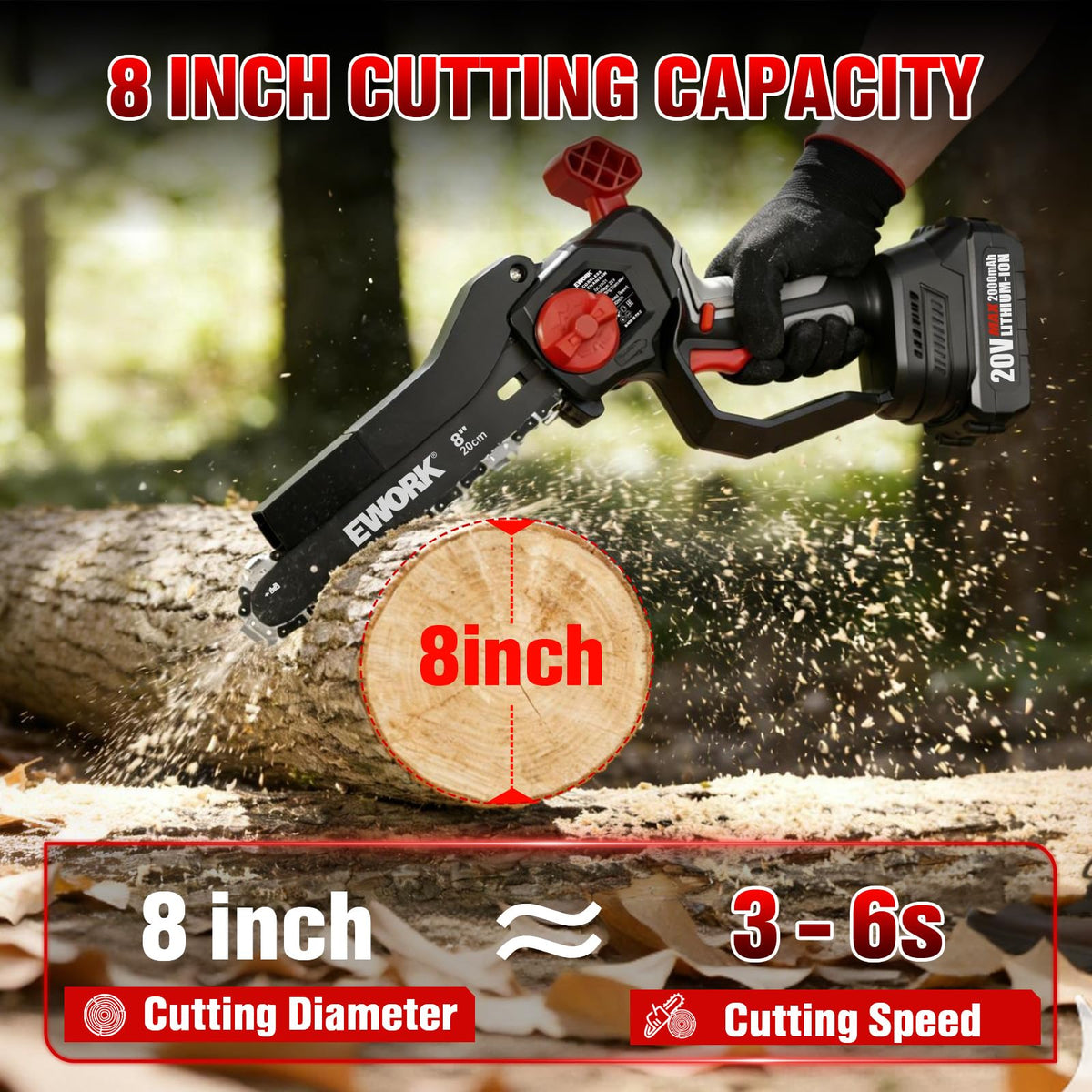 EWORK mini chainsaw with 2Ah battery for cordless pruning