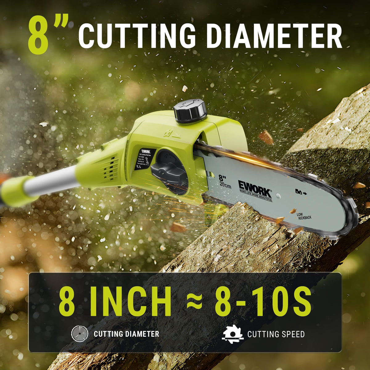 EWORK pole saw auto oiling keeps the chain lubricated for smoother cuts