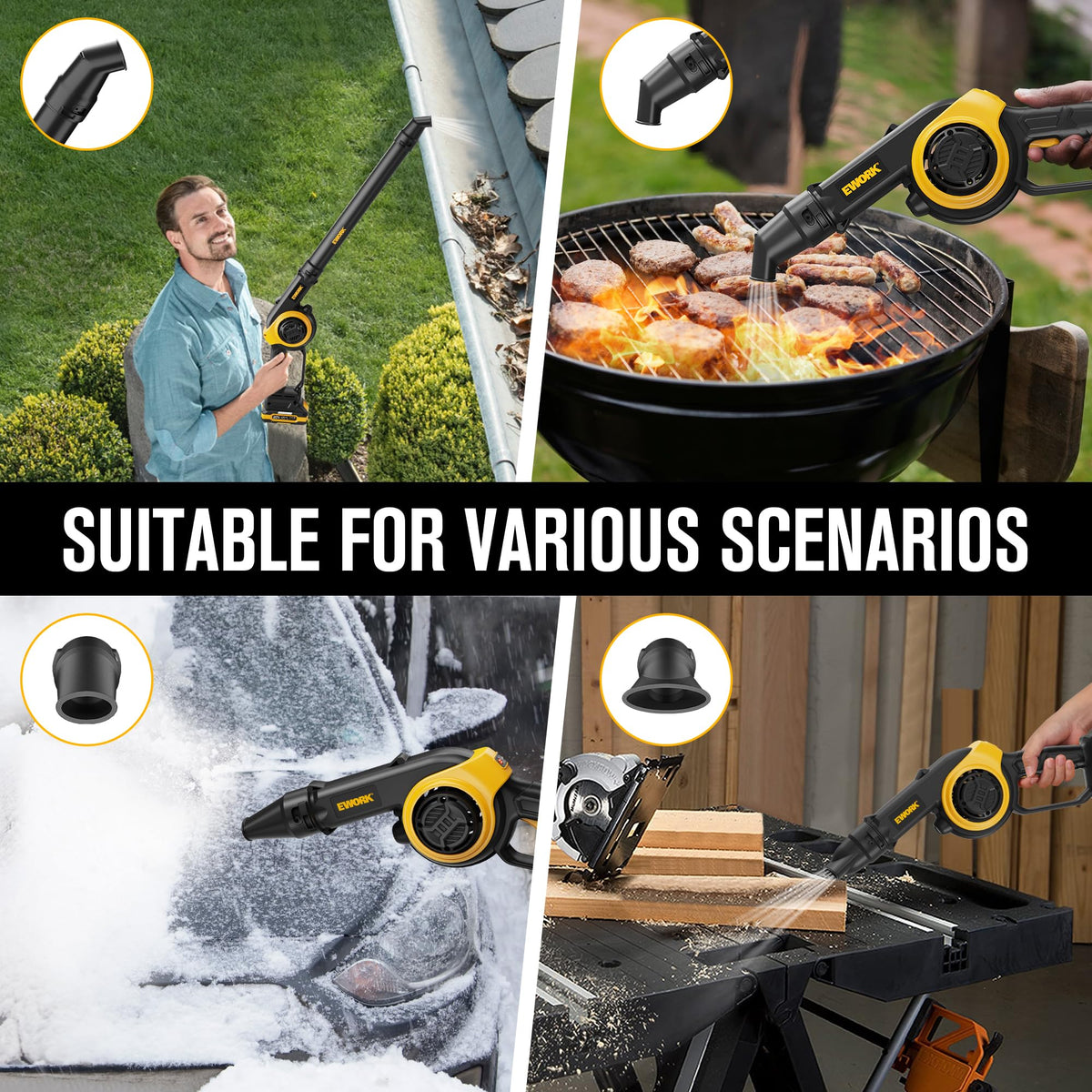 EWORK Small Leaf Blower extension tubes image shows versatile setups for debris removal.