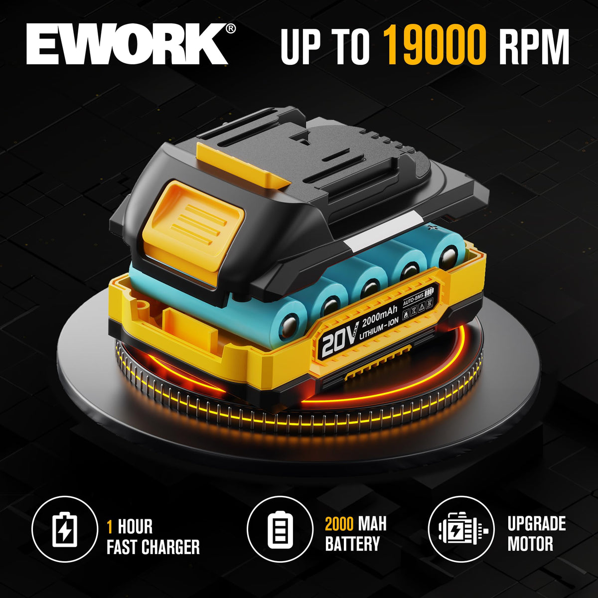 EWORK Small Leaf Blower fast charger image highlights quick recharge capability.