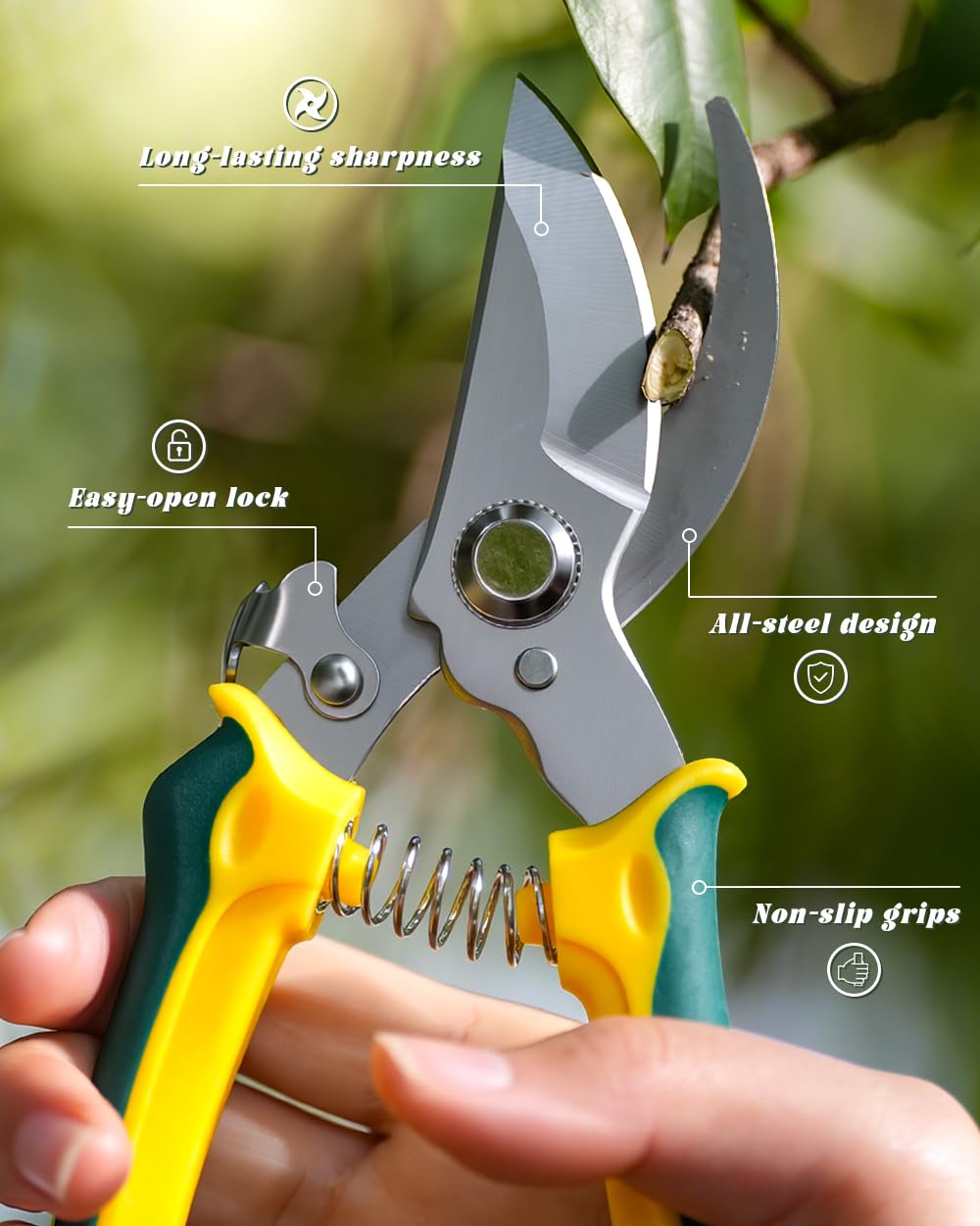 EWPJDK non-slip grip yellow handles for steady pruning in damp conditions.