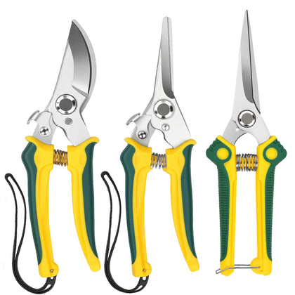 EWPJDK three-pack pruning shears with yellow handles for versatile garden trimming.