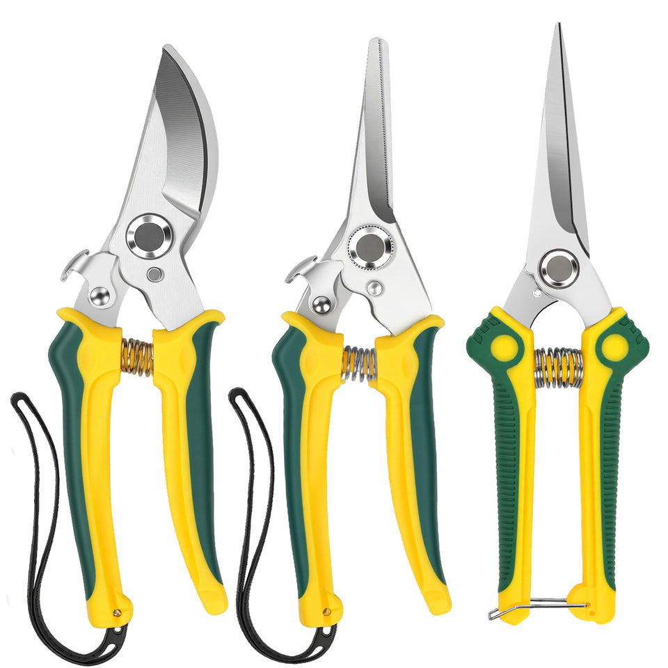 EWPJDK three-pack pruning shears with yellow handles for versatile garden trimming.