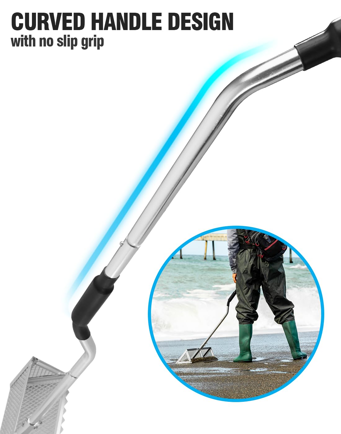 Exact Design Sand Flea Rake 16-inch basket captures more sand fleas