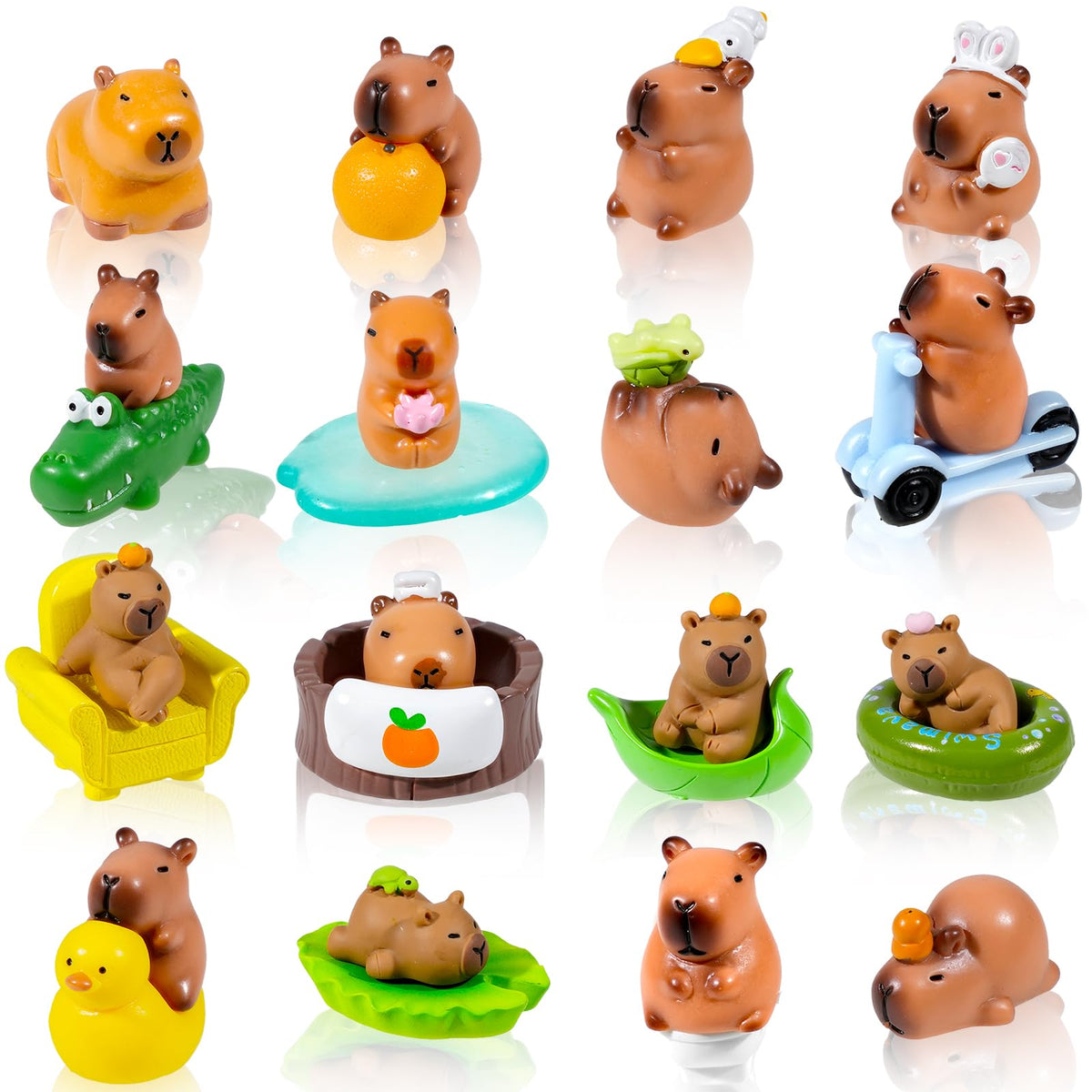 Exasinine capybara figurines group shot for playful shelf display and collection