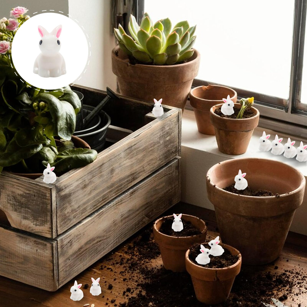 Exasinine fairy garden rabbit ornament brightens pots, terrariums, and decorative fences.