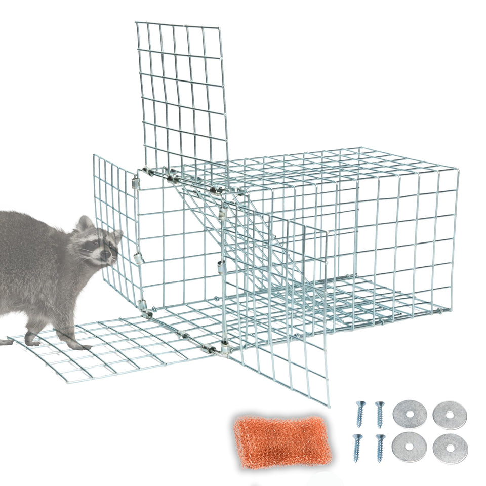Excluder Pro animal one-way door 6x6 in use, humane exit for raccoons.
