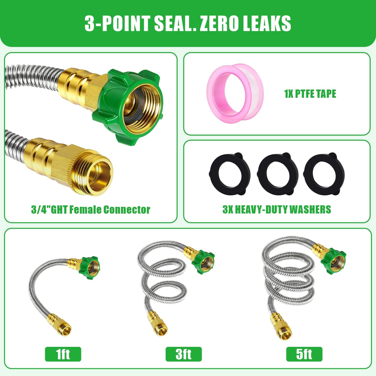 EXJEXJ universal 3/4 inch GHT fittings connect reliably to most reels and faucets.