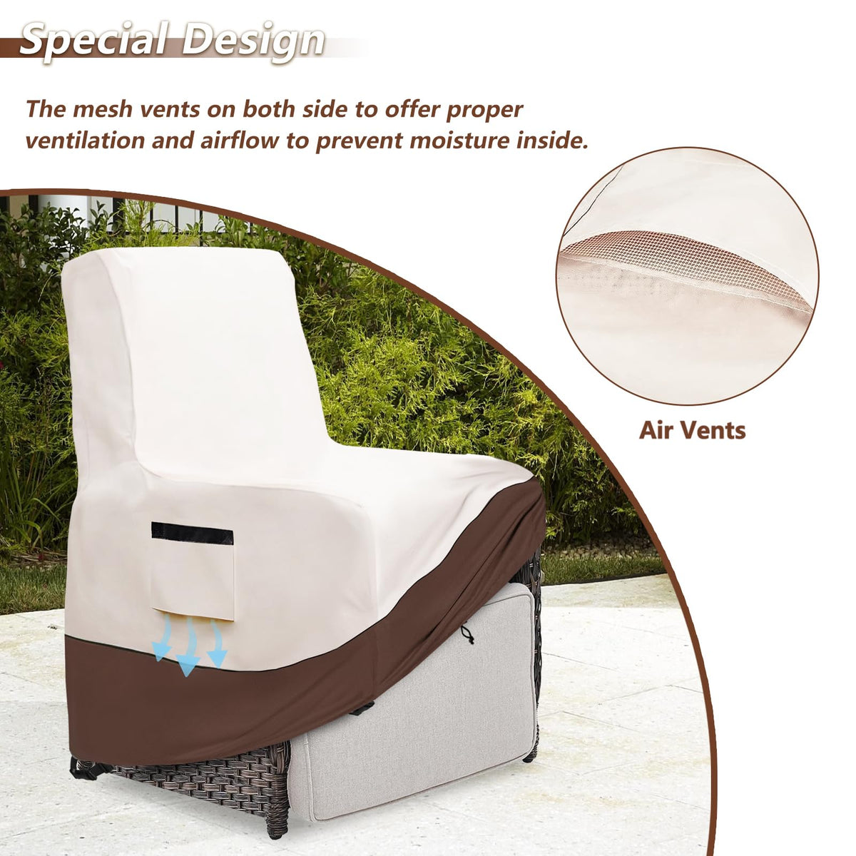 Exokugo recliner cover's beige and brown colors blend with outdoor furniture.
