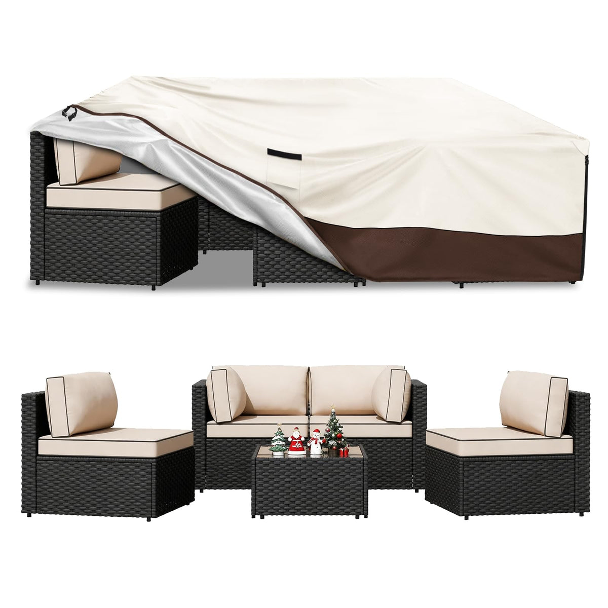 Exokugo patio cover protecting a 126" L x 63" W x 28" H dining set from rain and dust