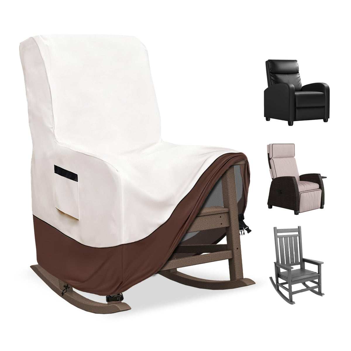 Exokugo rocking chair cover in waterproof 600D fabric protects furniture from rain and sun