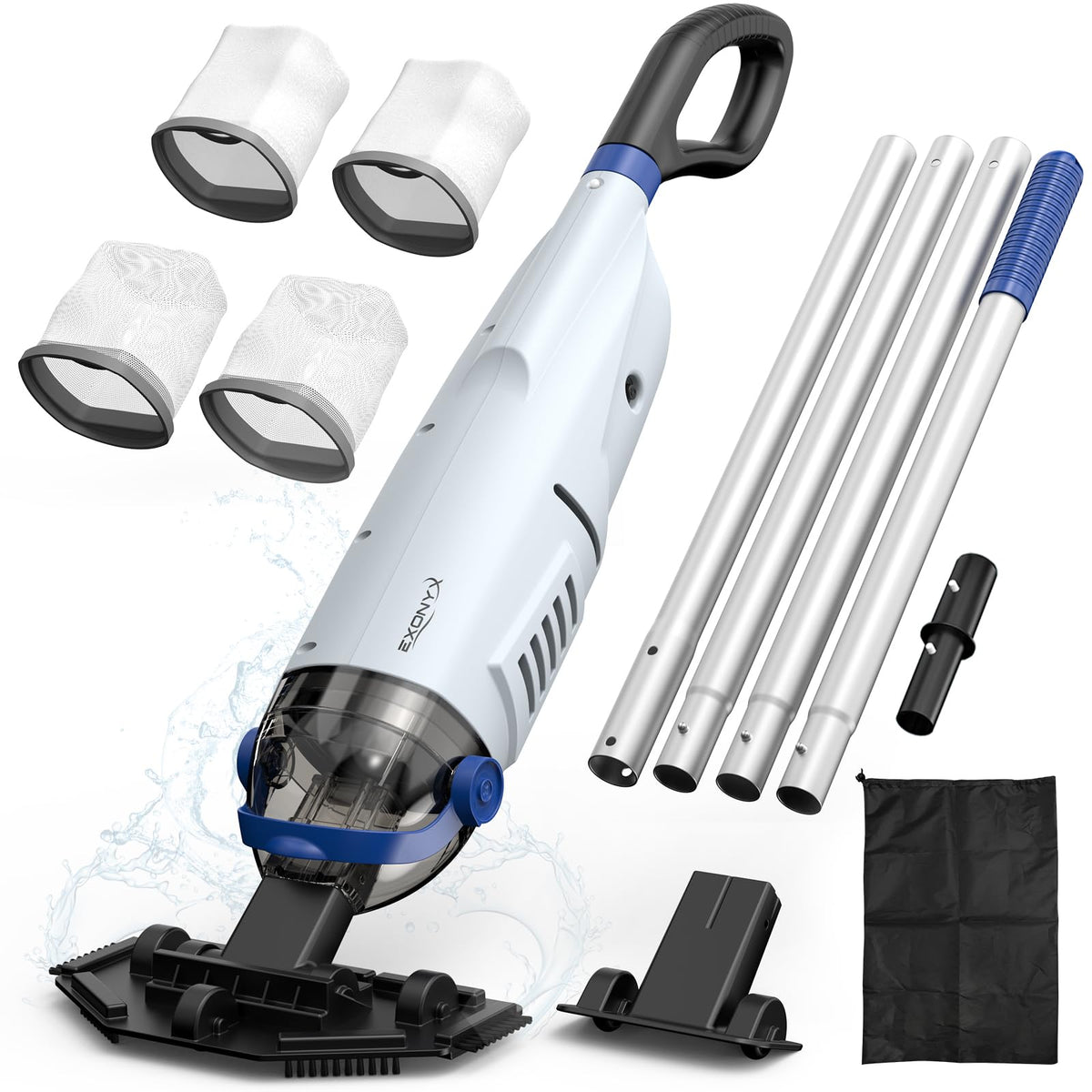 EXONYX cordless pool vacuum battery powers strong suction for quick pool cleaning