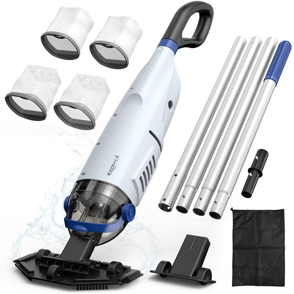 EXONYX cordless pool vacuum battery powers strong suction for quick pool cleaning