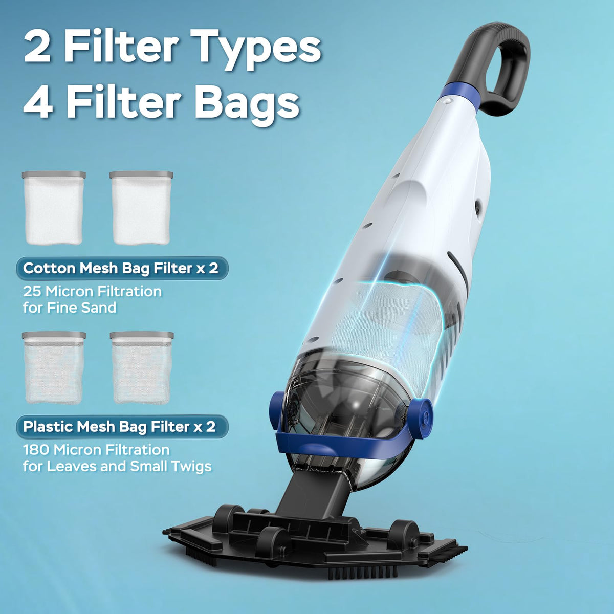 EXONYX four-filter bags trap sand and leaves while preserving water flow