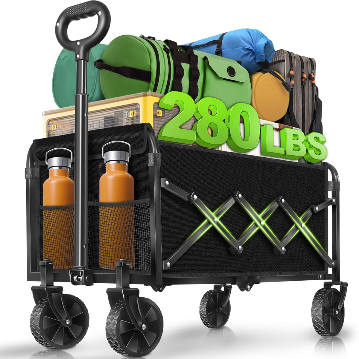 Exovyn collapsible wagon unfolded at full capacity, ideal for groceries and gear.