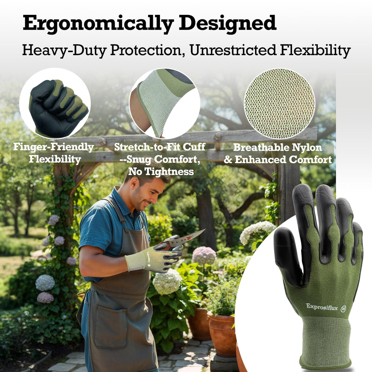 Exprosiflux gloves are pictured in use during weeding.