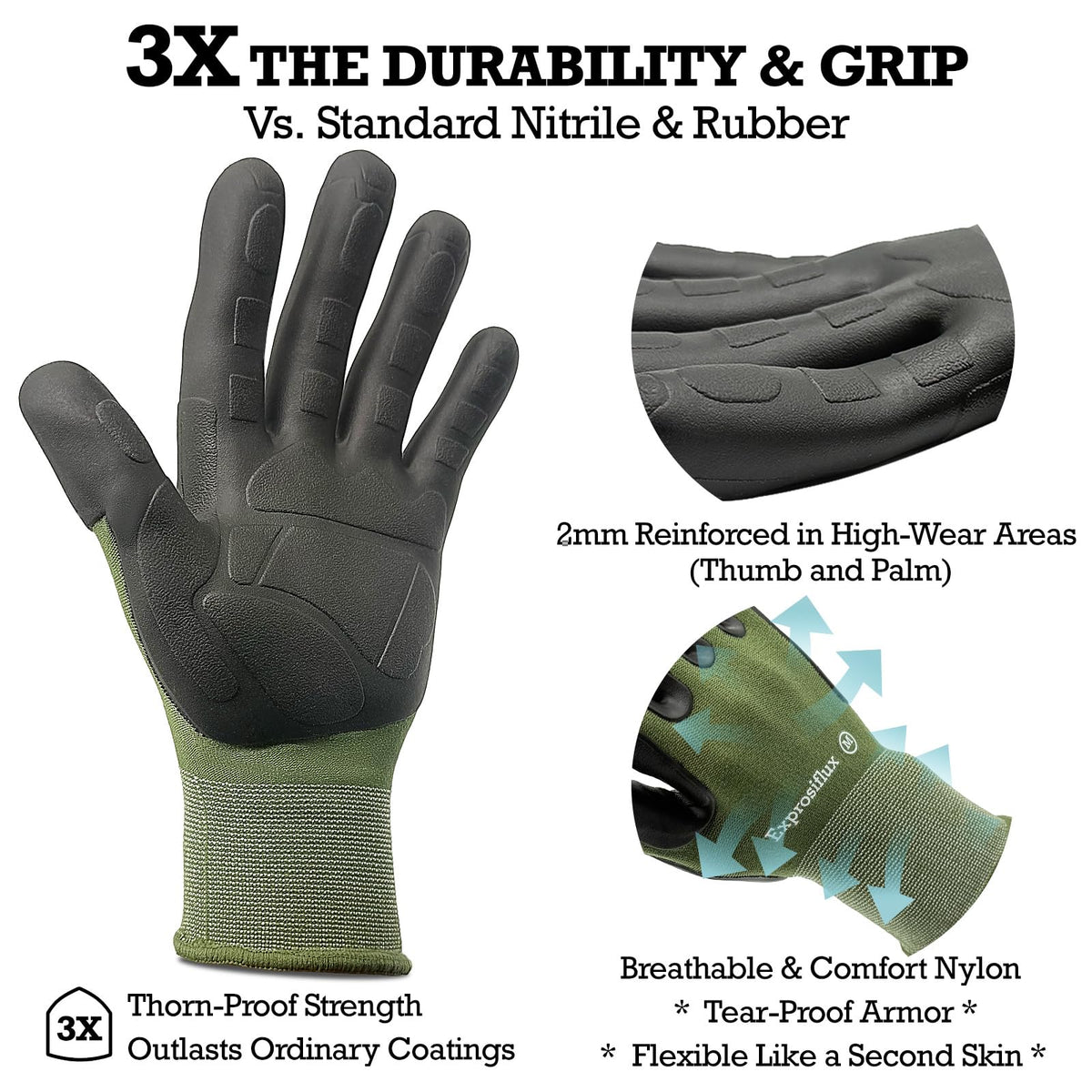 Exprosiflux gloves show thumb crotch detail to boost durability against soil.