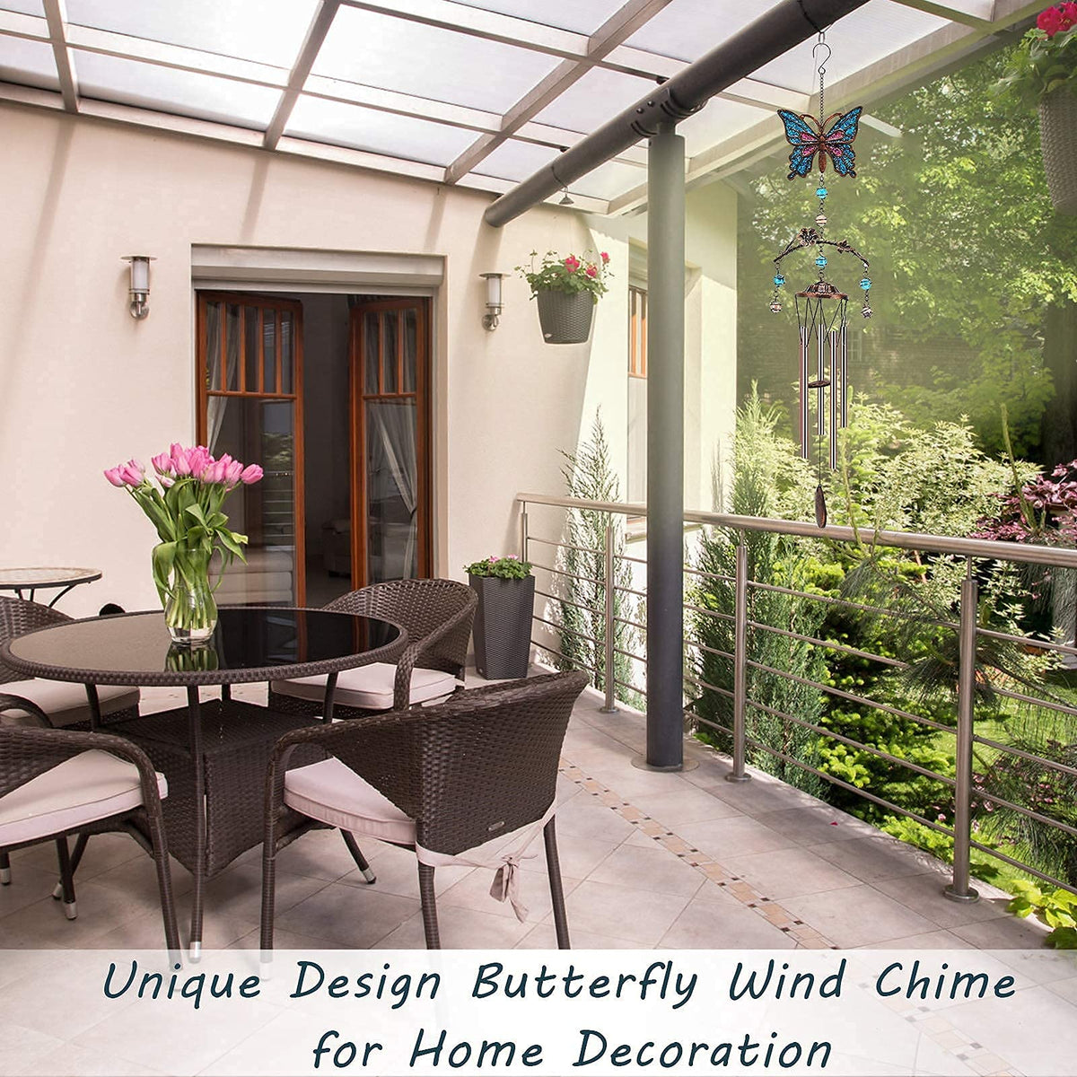 Exrisiry glitter butterfly detail on wind chime adds delicate charm.