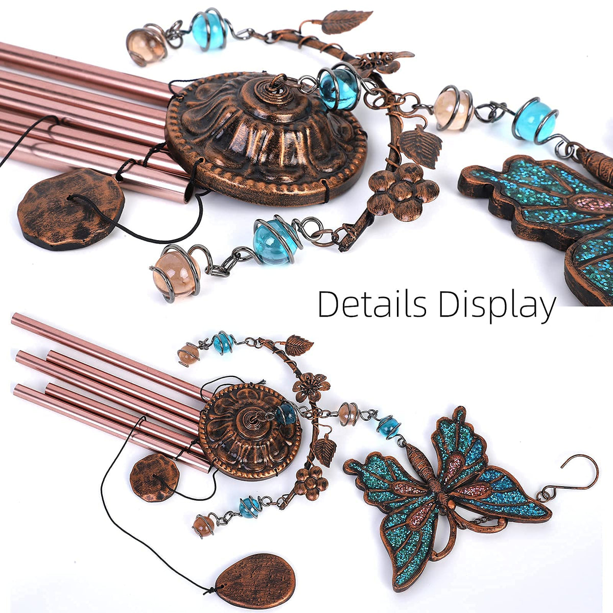 Exrisiry blue butterfly wind chimes hanging on a porch for calm outdoors.