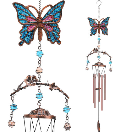 Exrisiry blue butterfly wind chimes top view for serene outdoor ambiance.