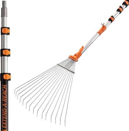 EXTEND-A-REACH roof rake extended to reach leaves from the ground safely.